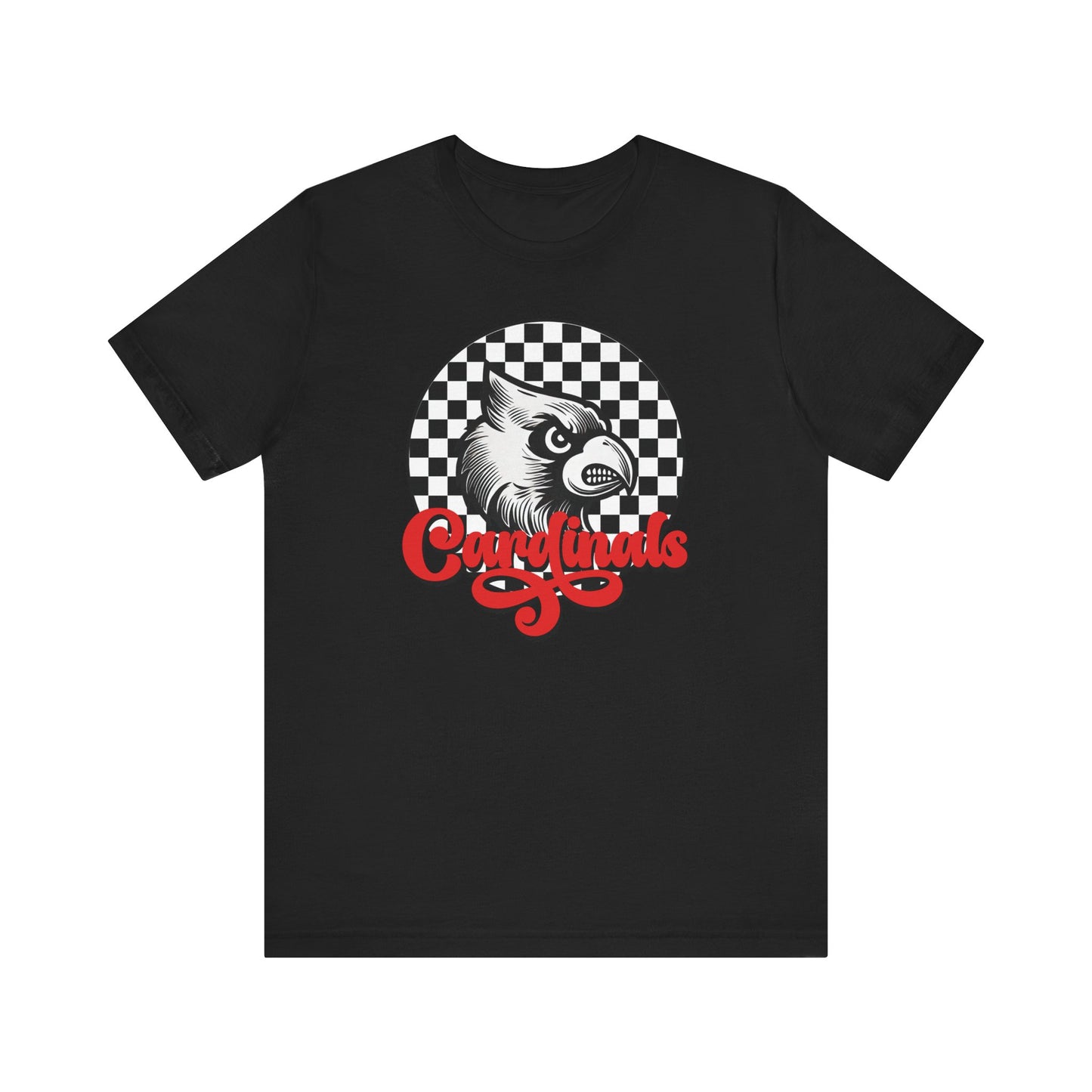 Cardinals Black and White Checkerboard Script - Bella + Canvas Short Sleeve Tee