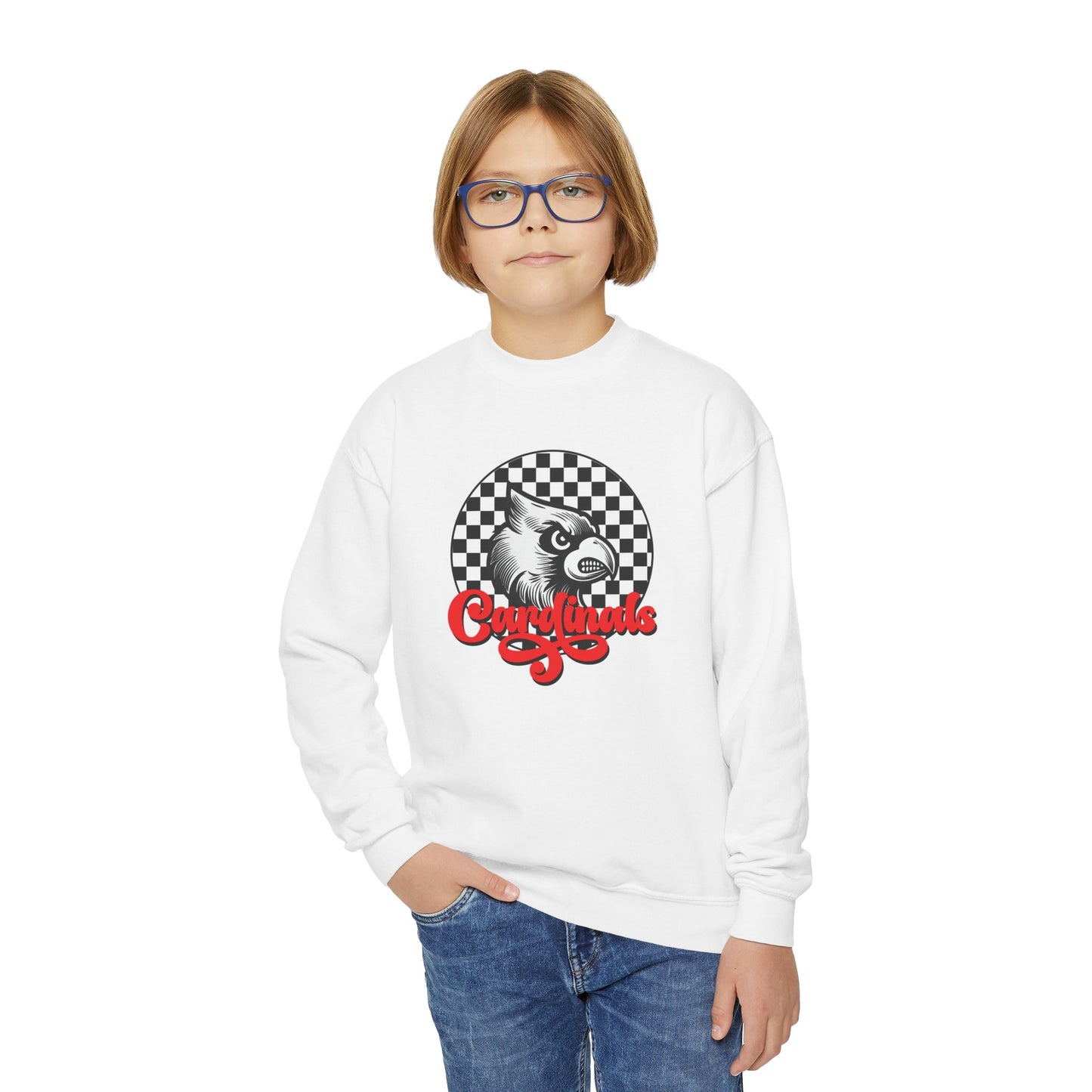 Vintage Cardinal Black and White Checkerboard Circle Script - Youth Crew Sweatshirt