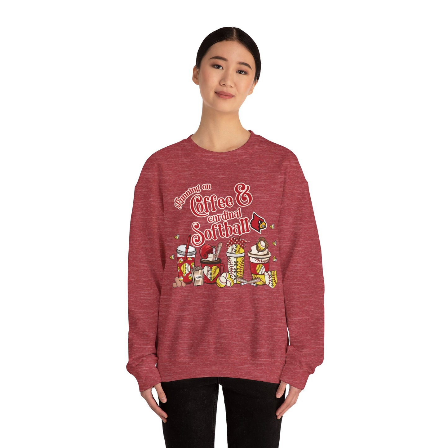 Running on Coffee and Cardinal Softball - Unisex Heavy Blend™ Crewneck Sweatshirt