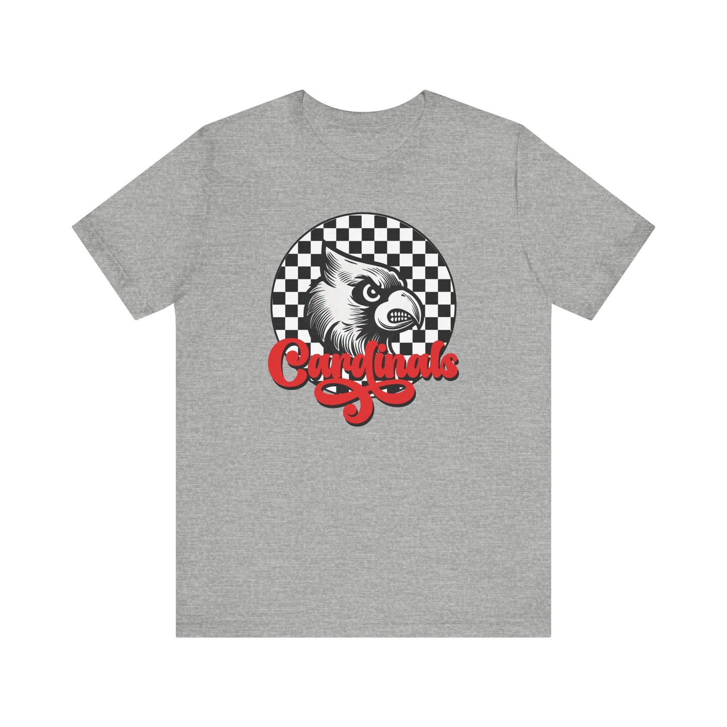 Cardinals Black and White Checkerboard Script - Bella + Canvas Short Sleeve Tee