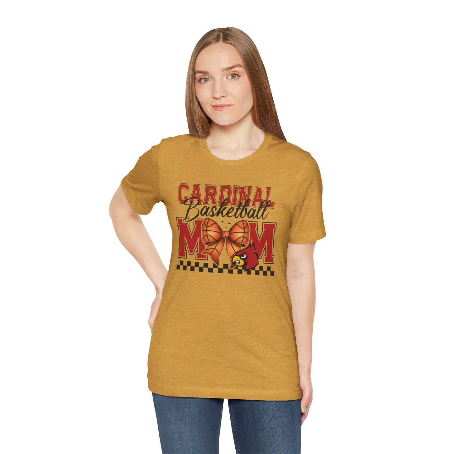 Cardinal Basketball Mom Checkerboard - Bella + Canvas Short Sleeve Tee