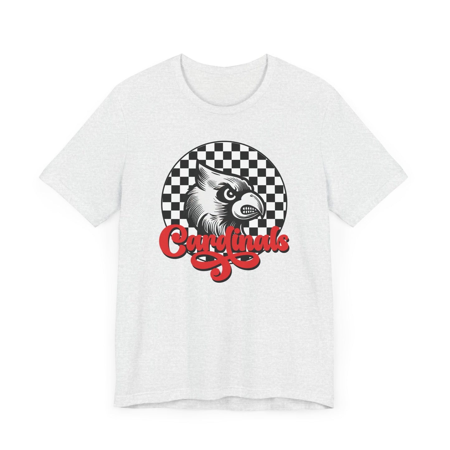Cardinals Black and White Checkerboard Script - Bella + Canvas Short Sleeve Tee