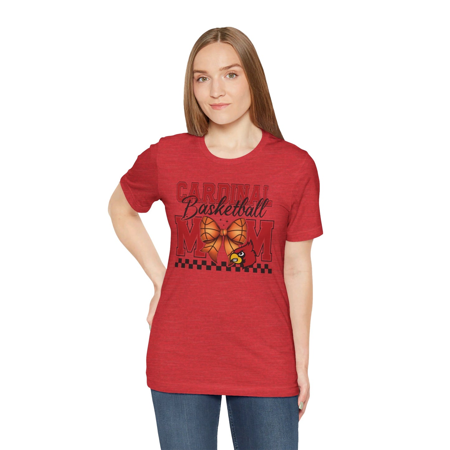 Cardinal Basketball Mom Checkerboard - Bella + Canvas Short Sleeve Tee