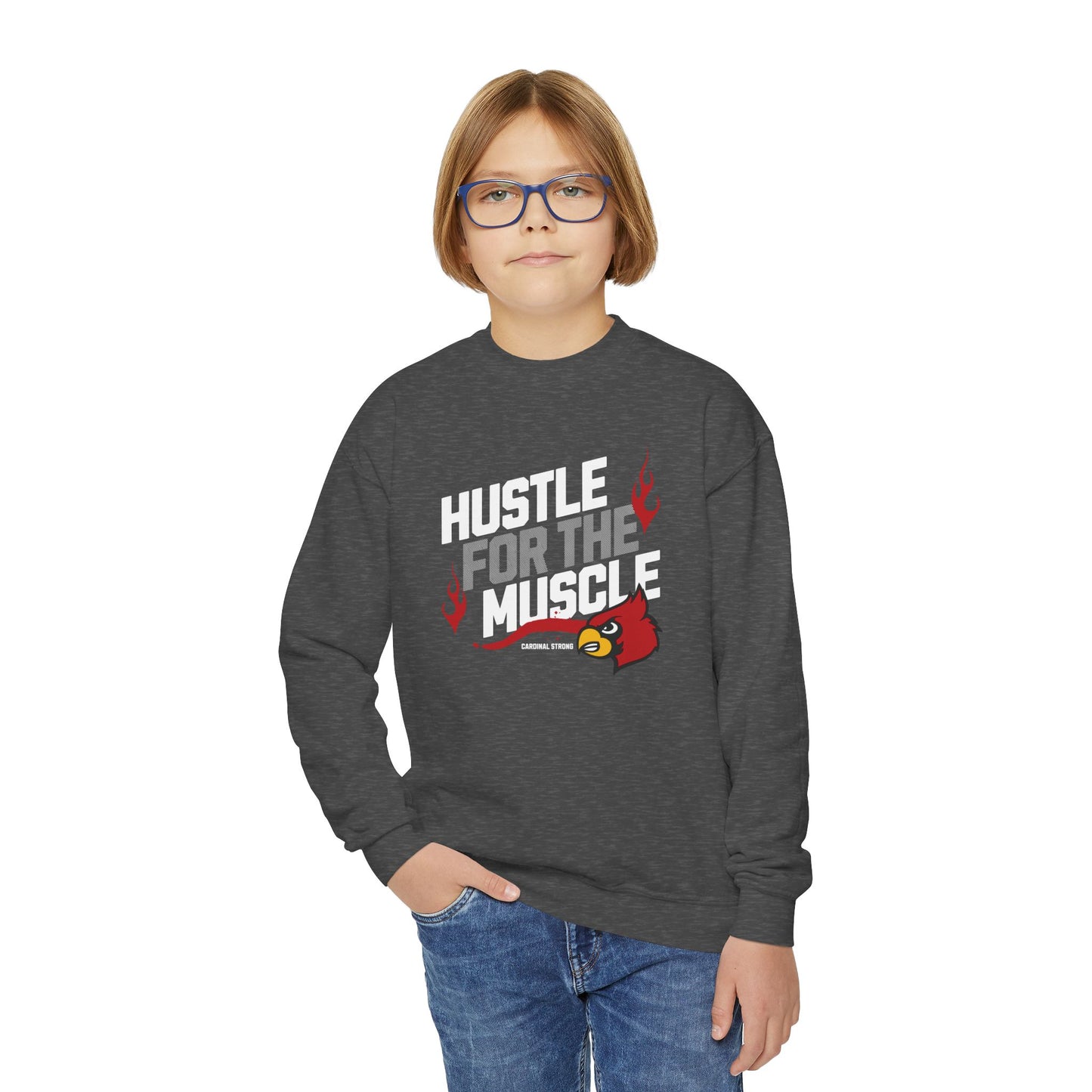 Hustle for the Muscle Cardinal - Youth Crew Sweatshirt