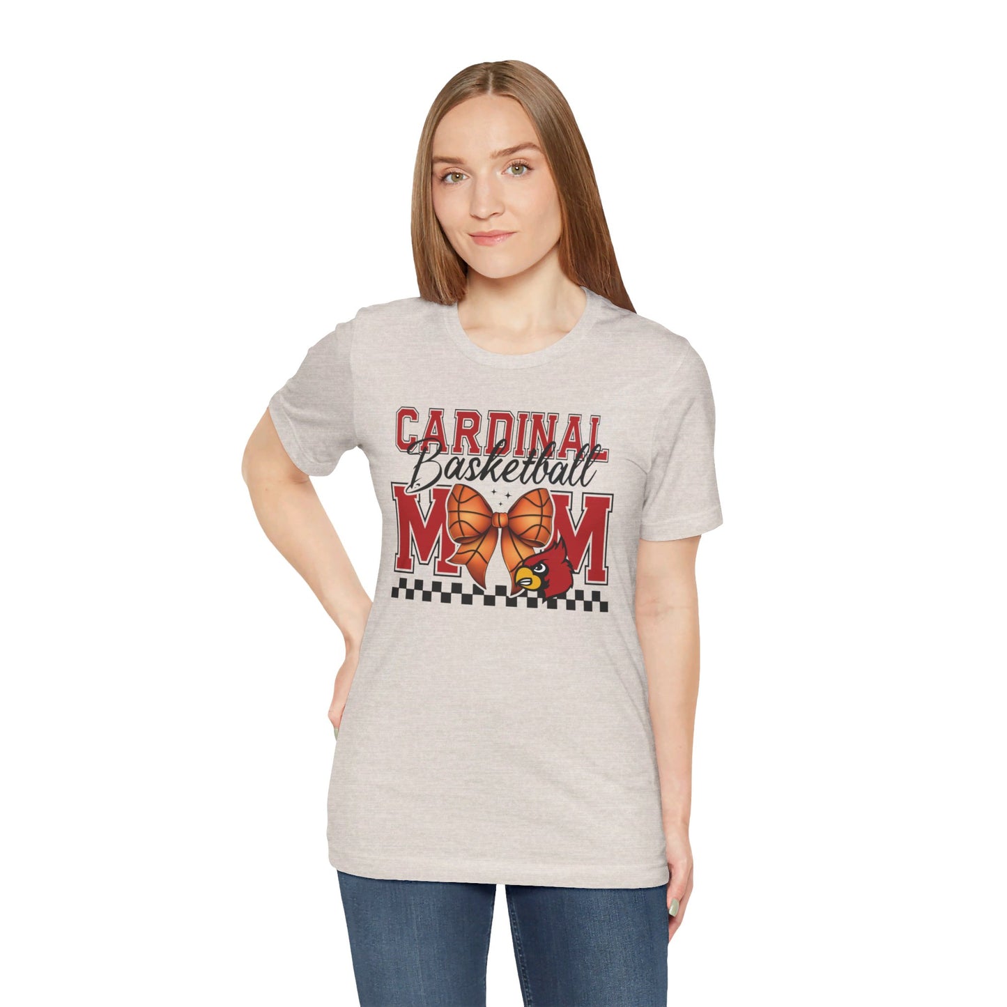 Cardinal Basketball Mom Checkerboard - Bella + Canvas Short Sleeve Tee