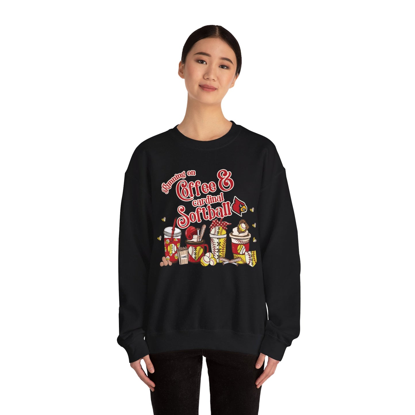 Running on Coffee and Cardinal Softball - Unisex Heavy Blend™ Crewneck Sweatshirt
