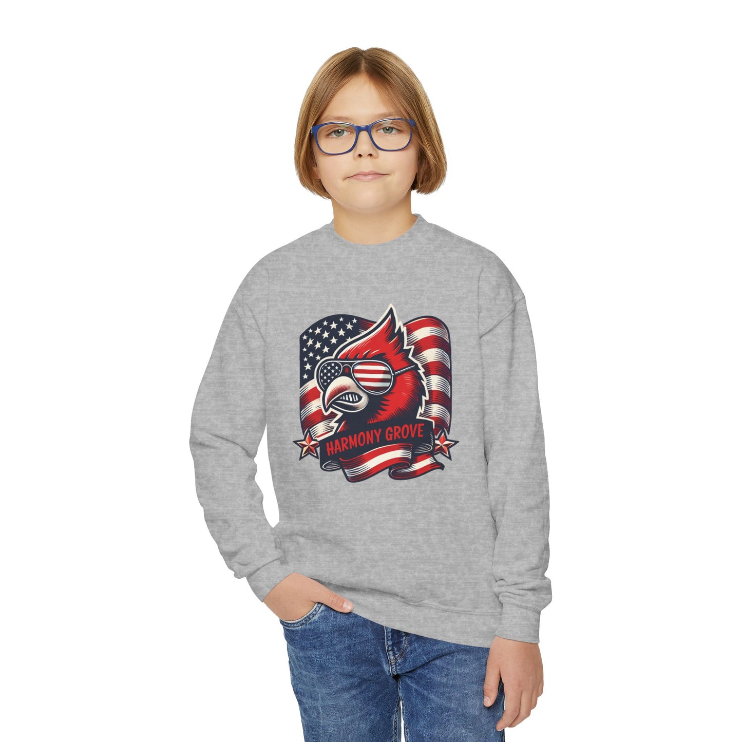 Patriotic Harmony Grove Cardinal - Youth Crew Sweatshirt
