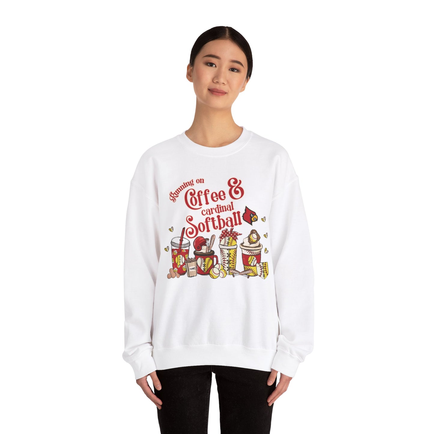 Running on Coffee and Cardinal Softball - Unisex Heavy Blend™ Crewneck Sweatshirt