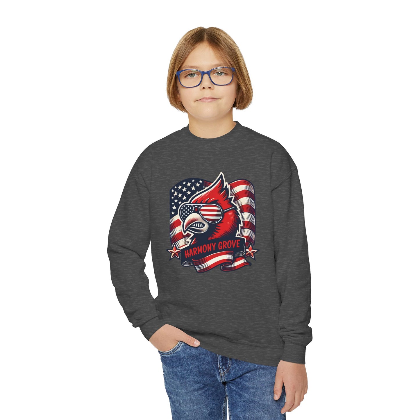 Patriotic Harmony Grove Cardinal - Youth Crew Sweatshirt