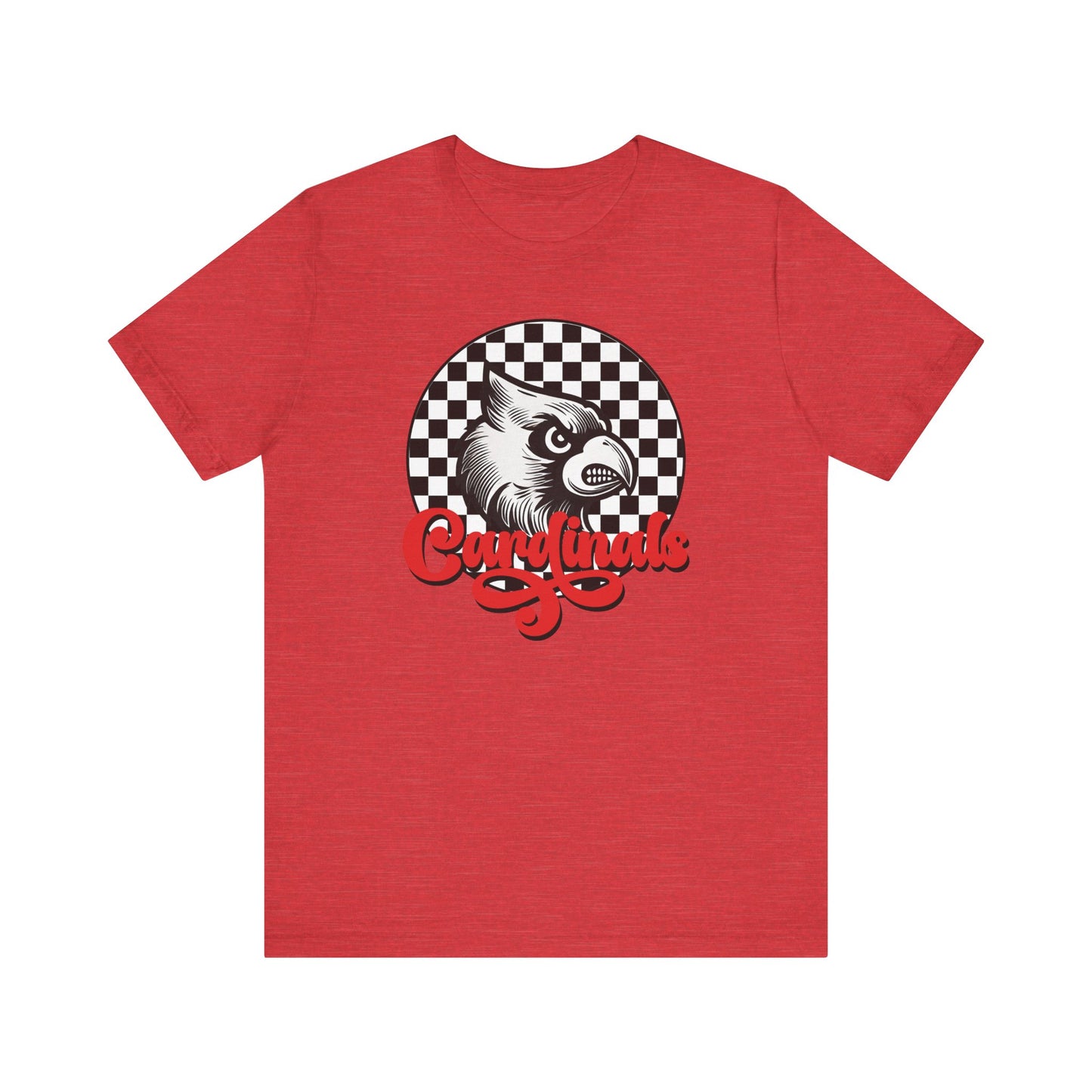 Cardinals Black and White Checkerboard Script - Bella + Canvas Short Sleeve Tee