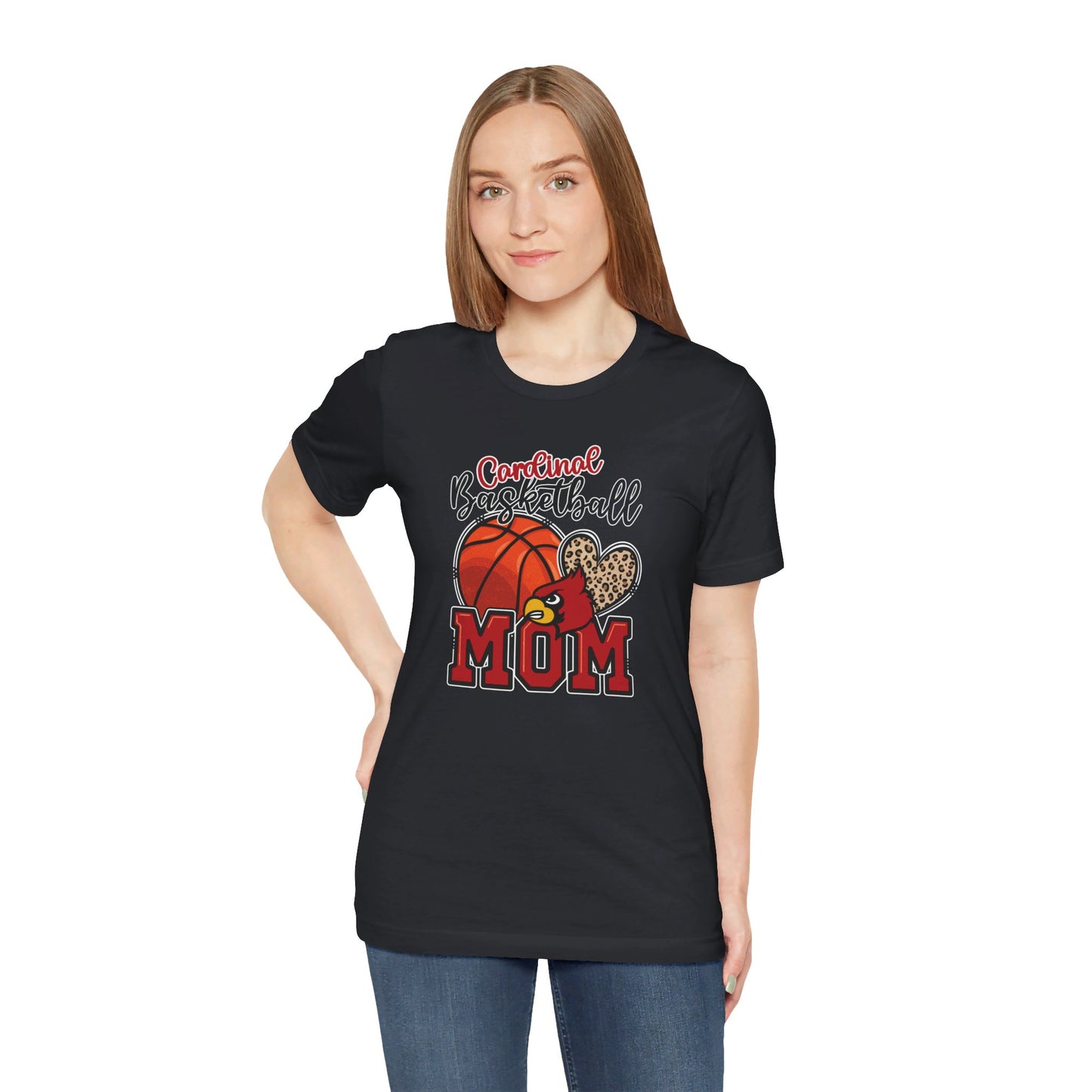 Cardinal Basketball Mom Leopard - Bella + Canvas Short Sleeve Tee