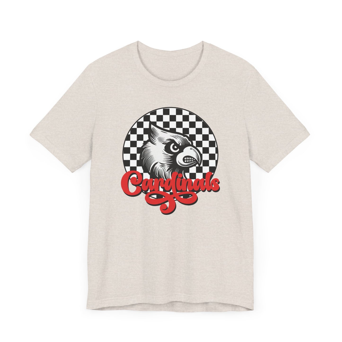 Cardinals Black and White Checkerboard Script - Bella + Canvas Short Sleeve Tee