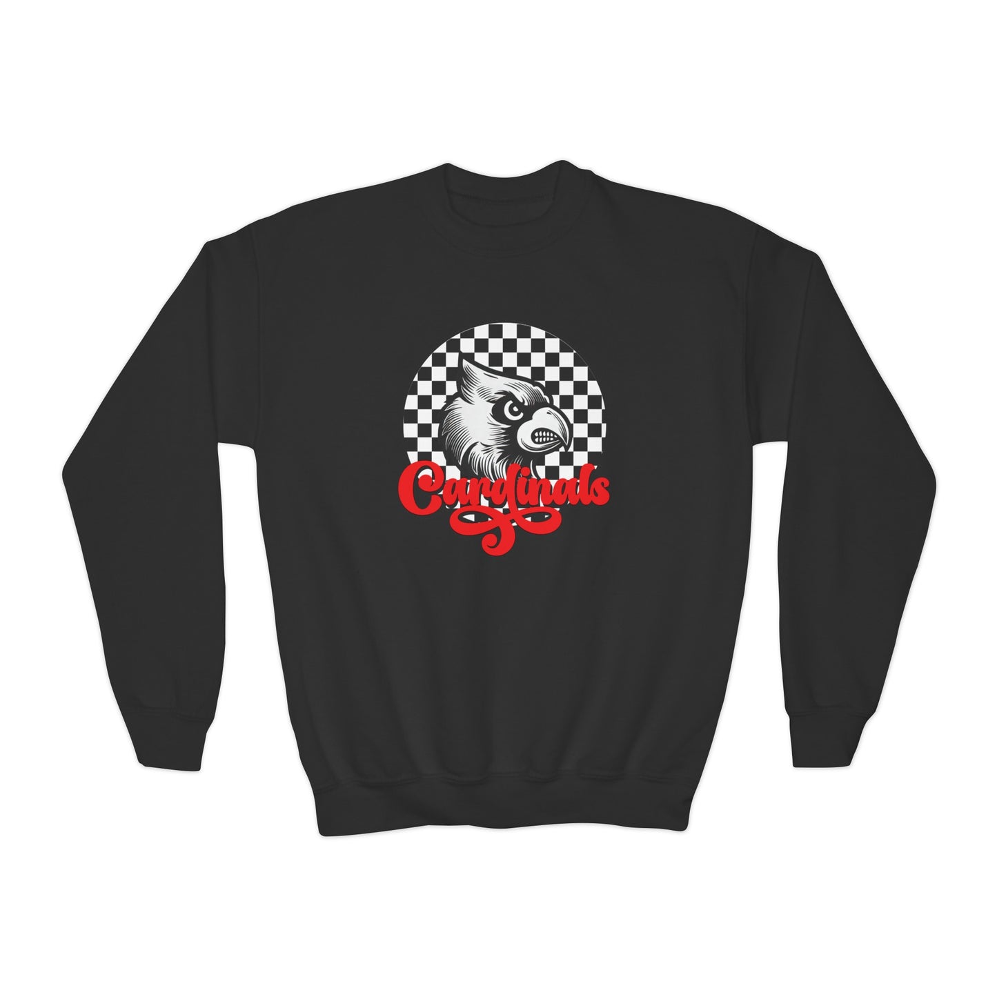 Vintage Cardinal Black and White Checkerboard Circle Script - Youth Crew Sweatshirt