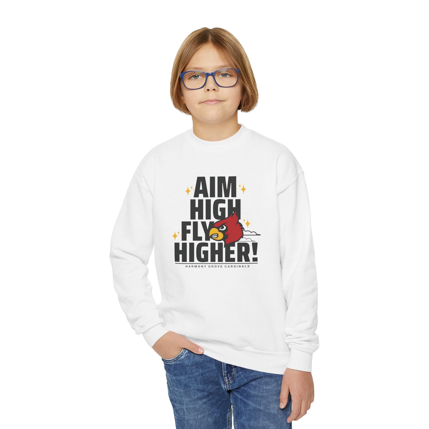 Aim High Fly Higher Cardinal - Youth Crew Sweatshirt
