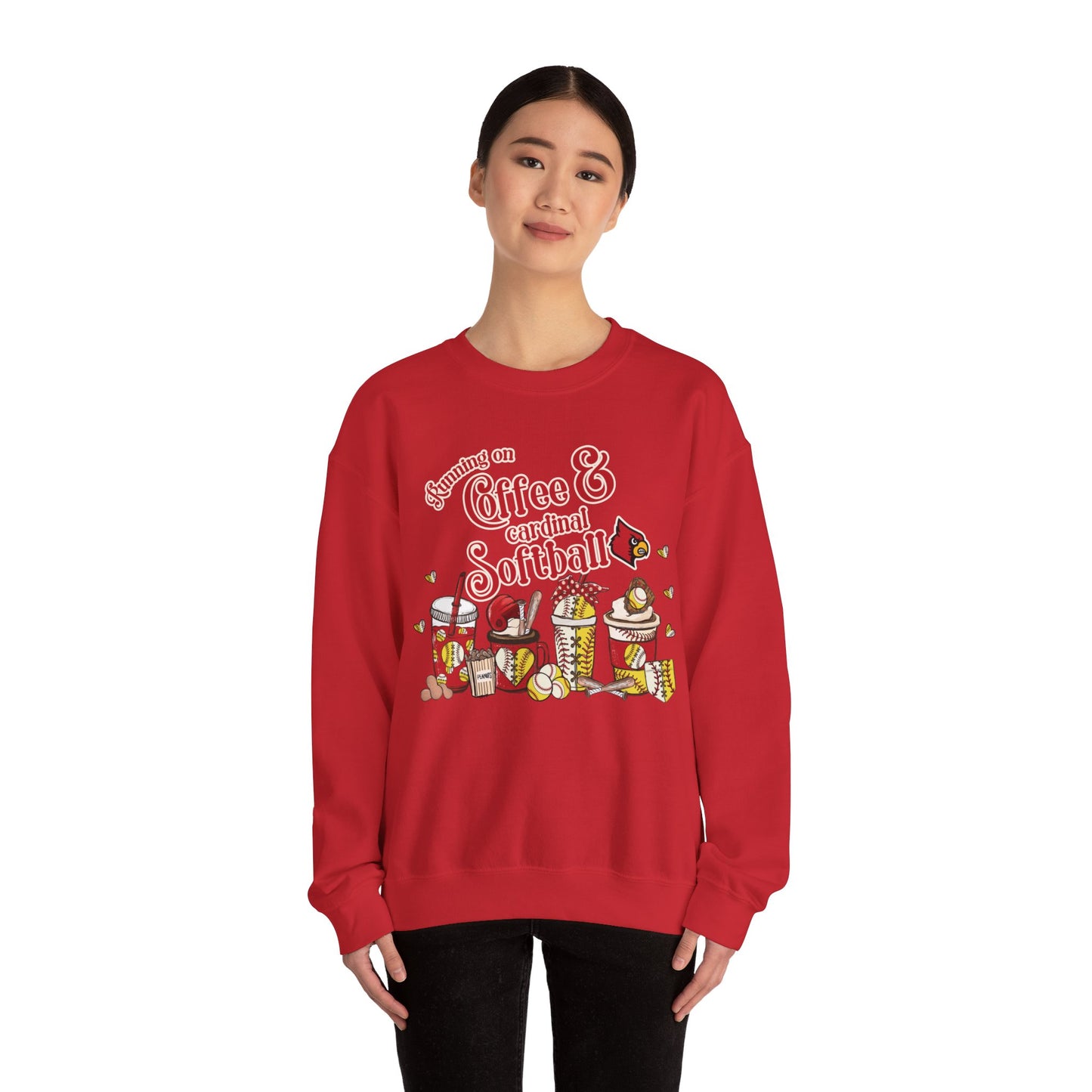 Running on Coffee and Cardinal Softball - Unisex Heavy Blend™ Crewneck Sweatshirt