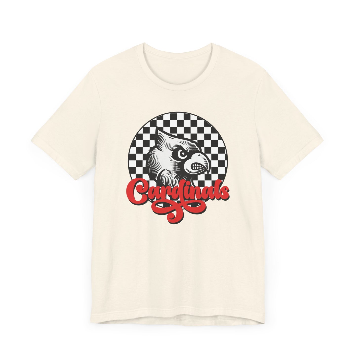 Cardinals Black and White Checkerboard Script - Bella + Canvas Short Sleeve Tee