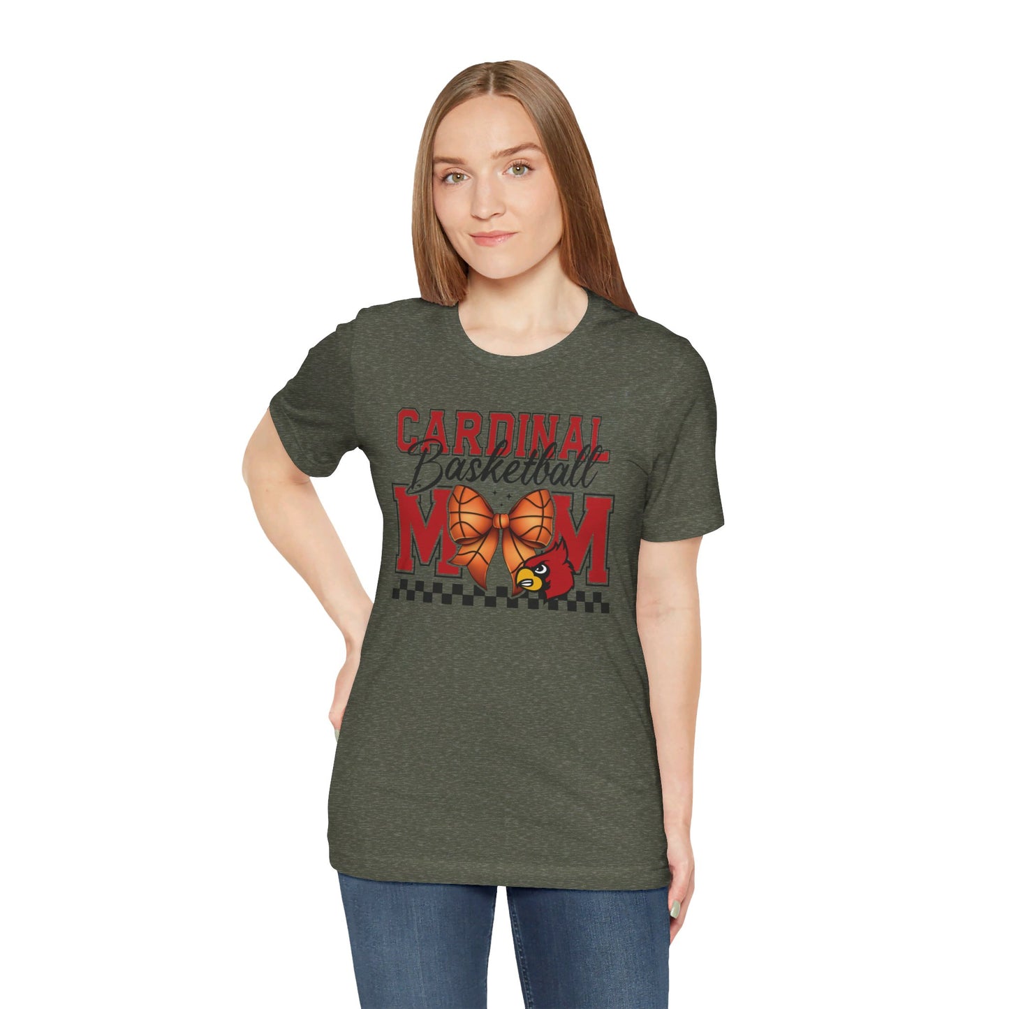 Cardinal Basketball Mom Checkerboard - Bella + Canvas Short Sleeve Tee