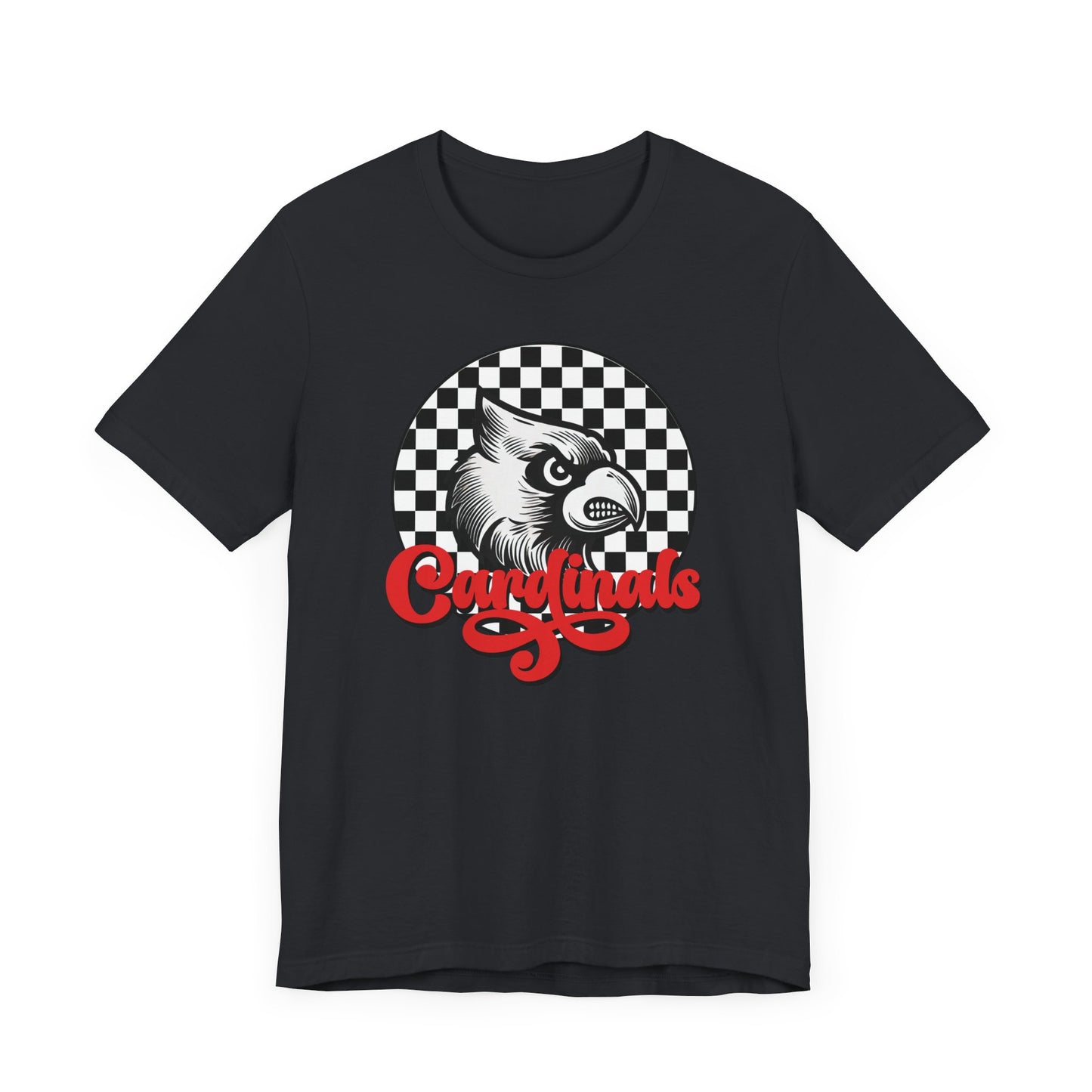 Cardinals Black and White Checkerboard Script - Bella + Canvas Short Sleeve Tee