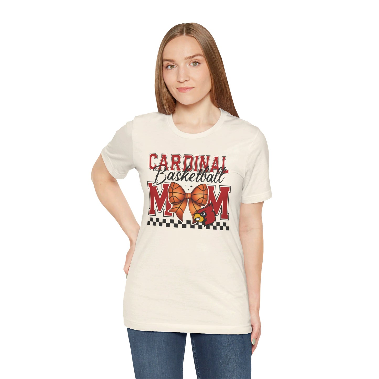 Cardinal Basketball Mom Checkerboard - Bella + Canvas Short Sleeve Tee