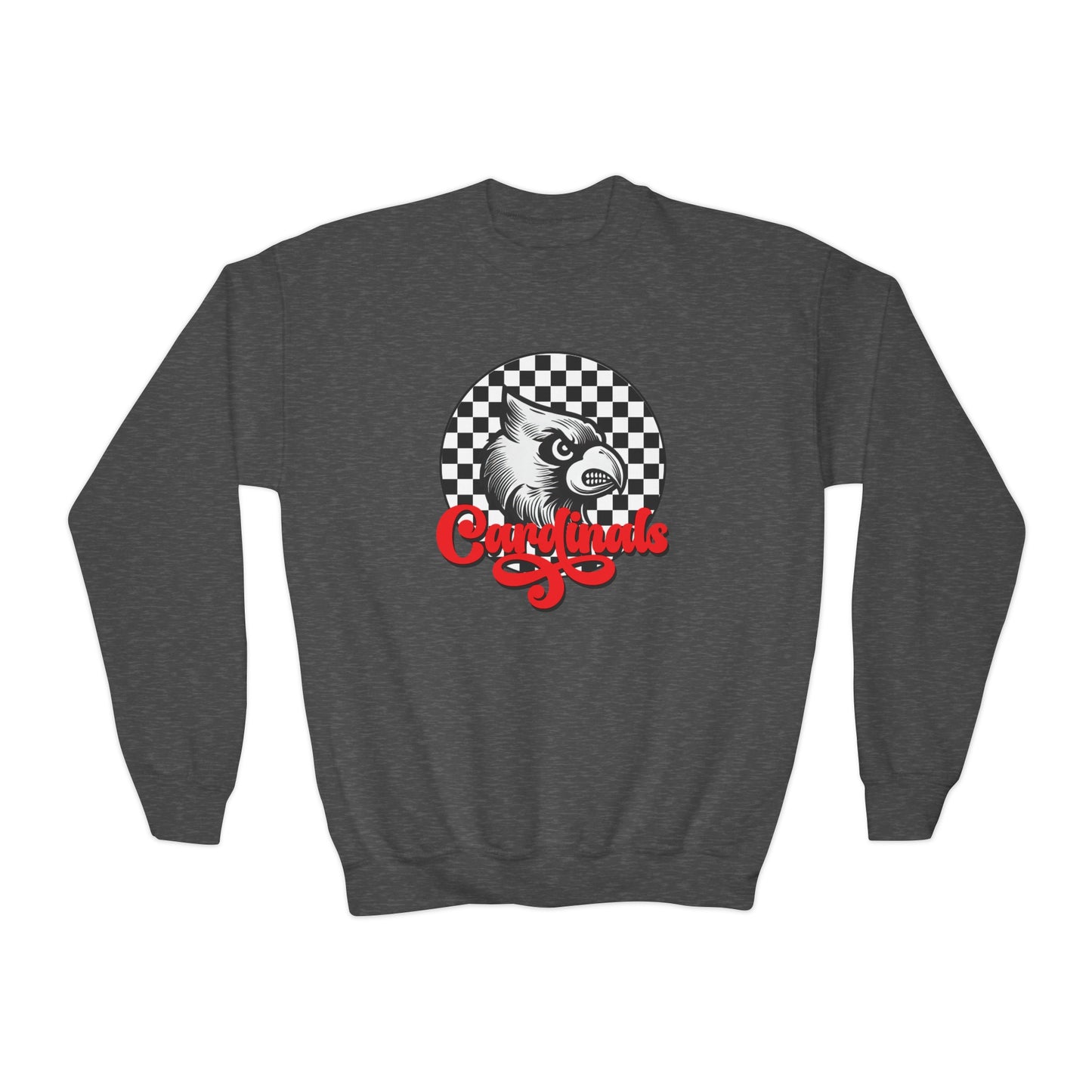 Vintage Cardinal Black and White Checkerboard Circle Script - Youth Crew Sweatshirt