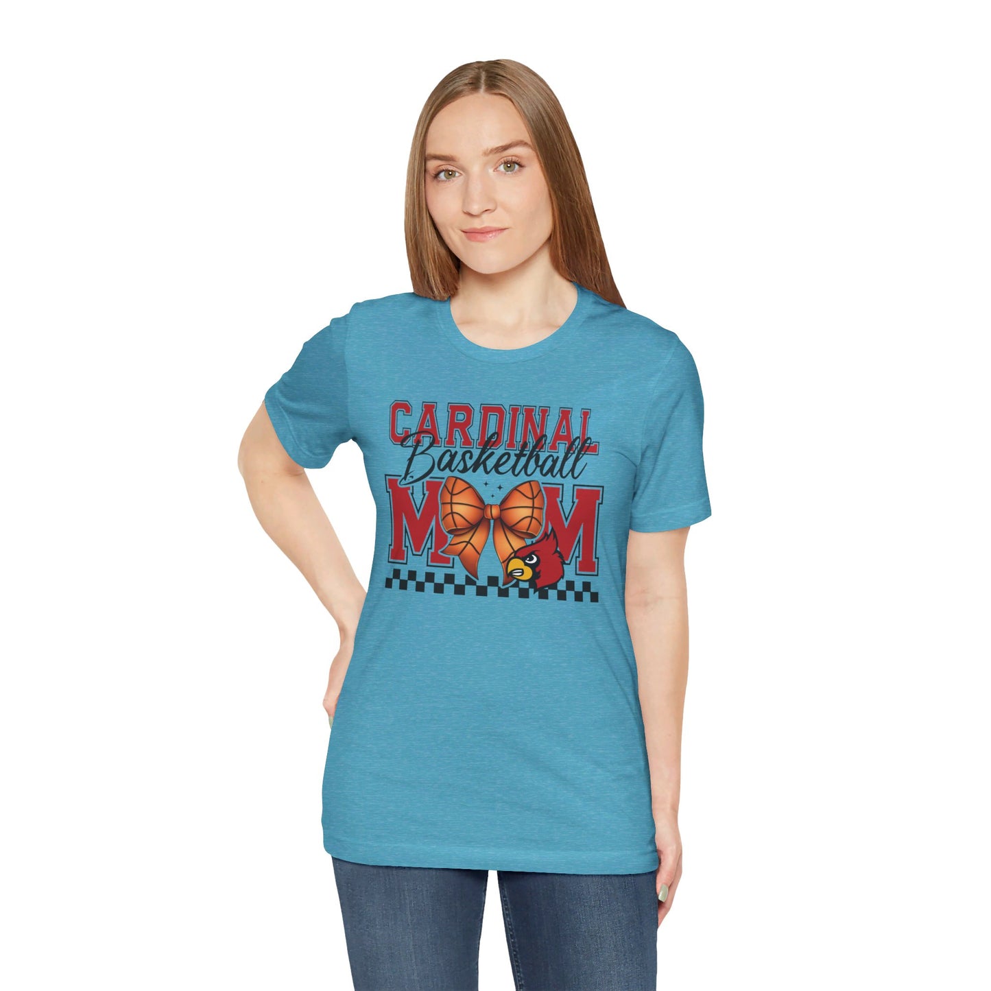 Cardinal Basketball Mom Checkerboard - Bella + Canvas Short Sleeve Tee