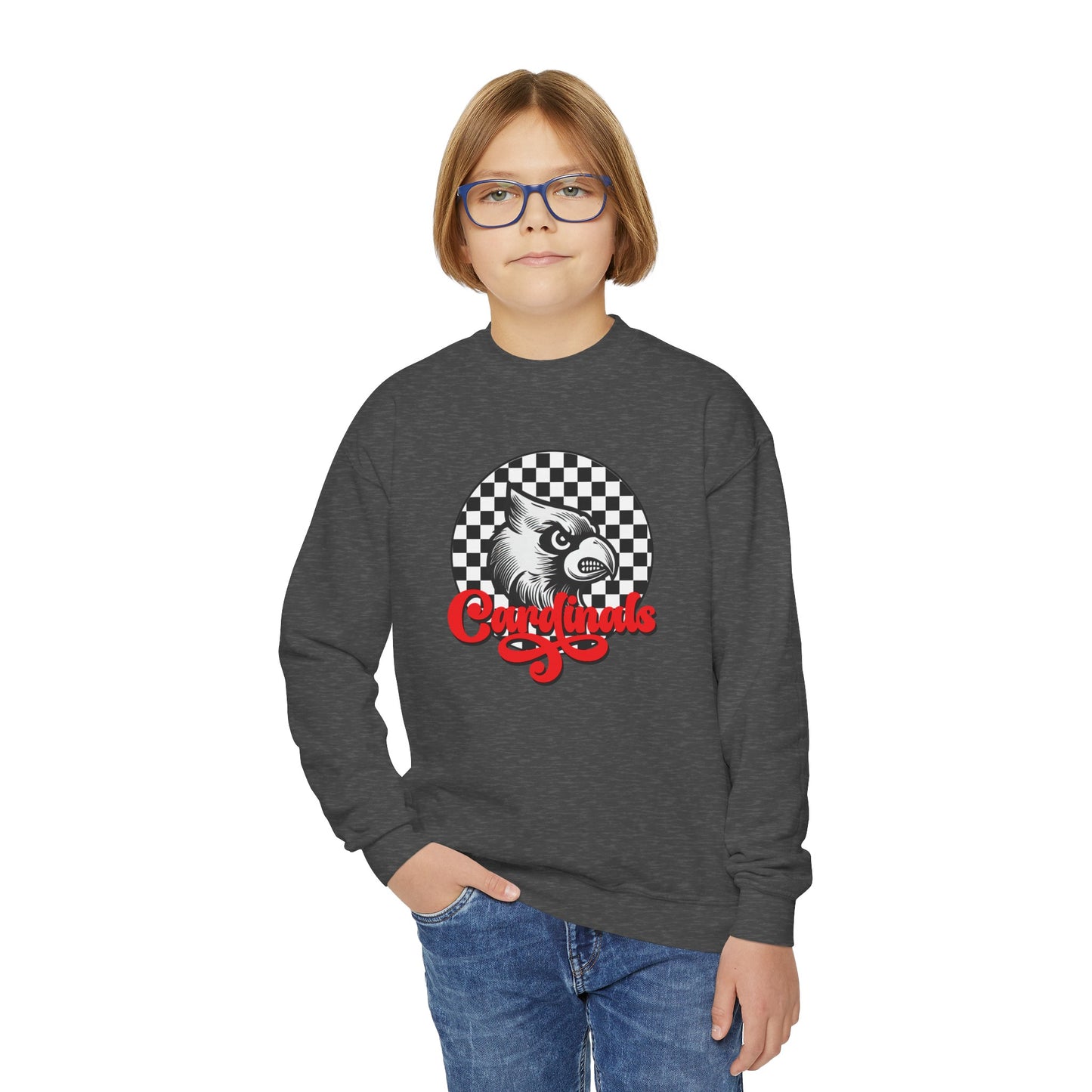 Vintage Cardinal Black and White Checkerboard Circle Script - Youth Crew Sweatshirt