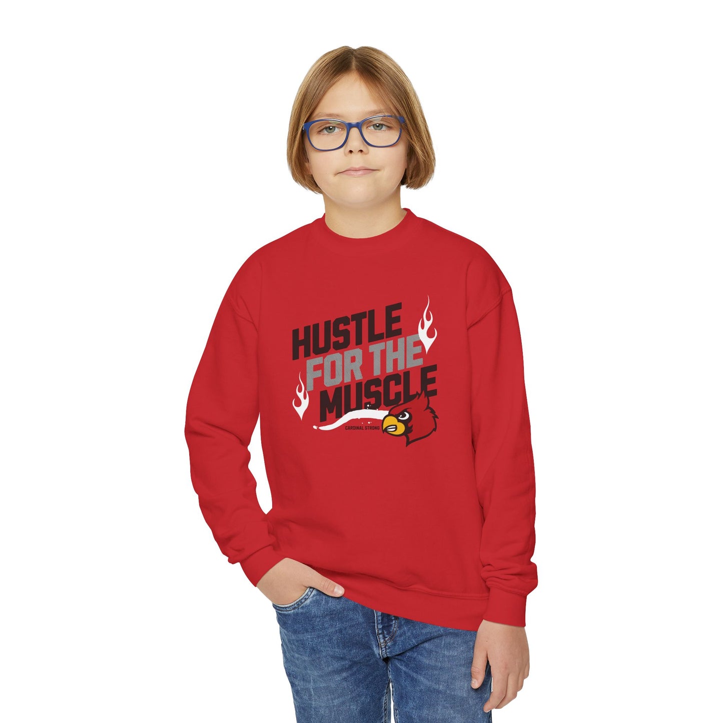 Hustle for the Muscle Cardinal - Youth Crew Sweatshirt