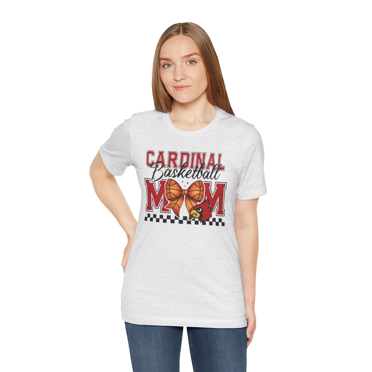 Cardinal Basketball Mom Checkerboard - Bella + Canvas Short Sleeve Tee