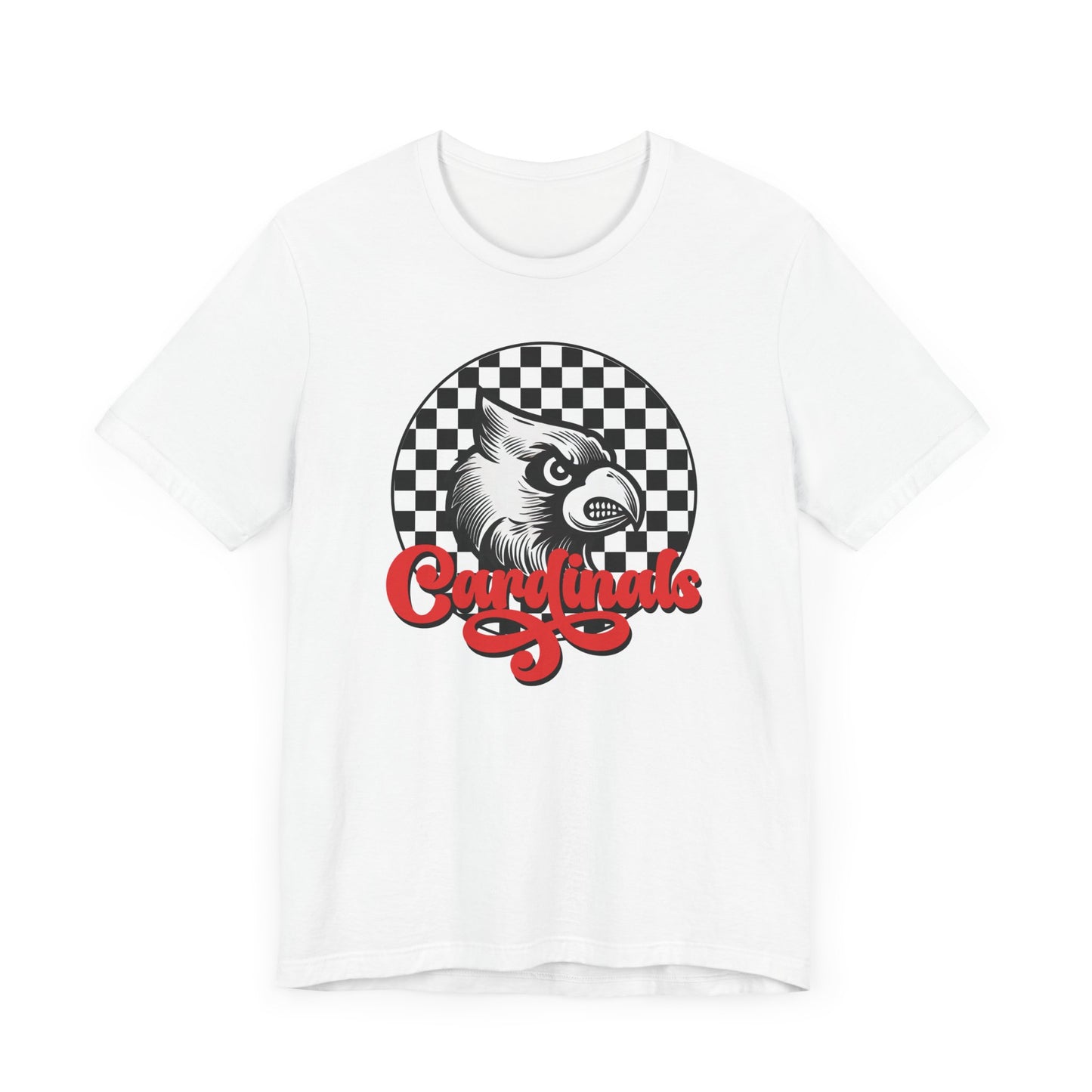 Cardinals Black and White Checkerboard Script - Bella + Canvas Short Sleeve Tee