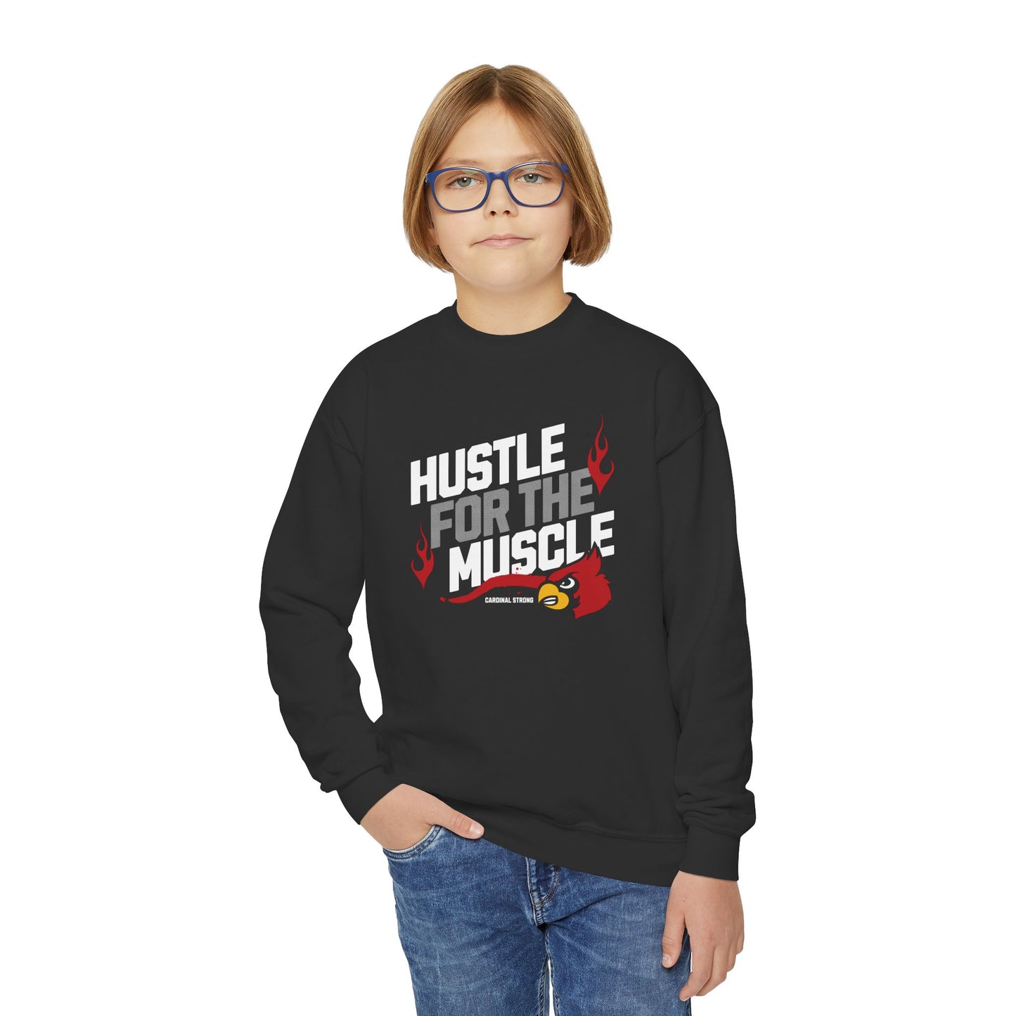 Hustle for the Muscle Cardinal - Youth Crew Sweatshirt