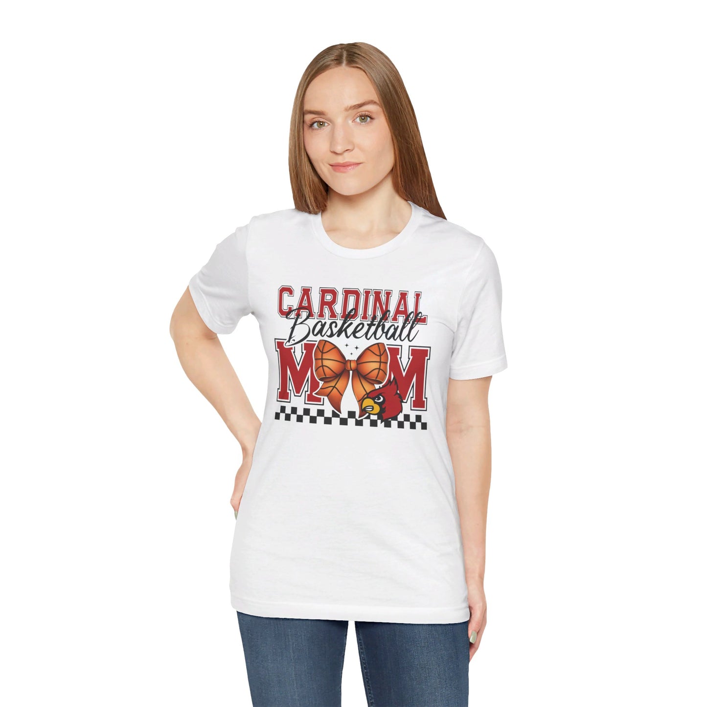 Cardinal Basketball Mom Checkerboard - Bella + Canvas Short Sleeve Tee