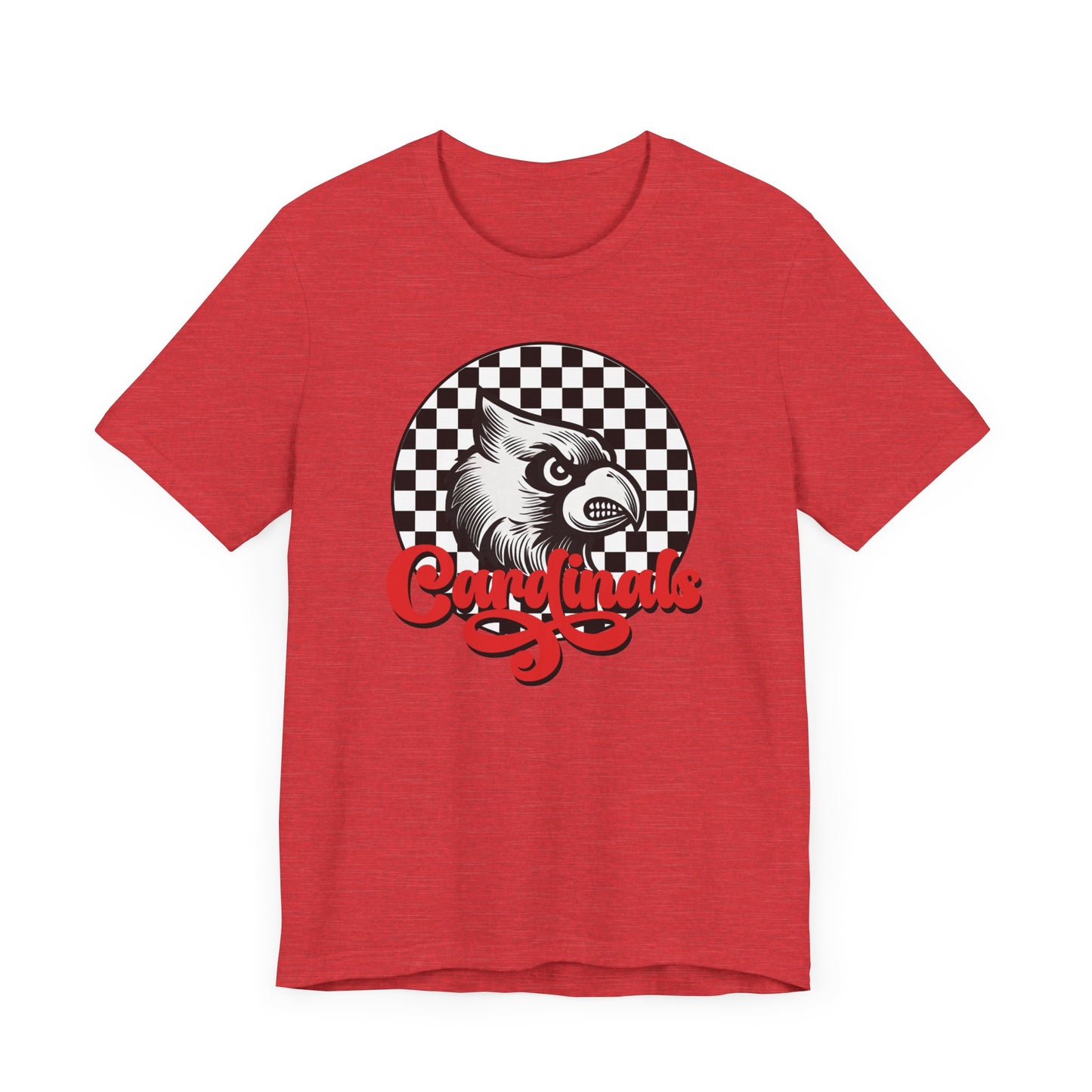 Cardinals Black and White Checkerboard Script - Bella + Canvas Short Sleeve Tee