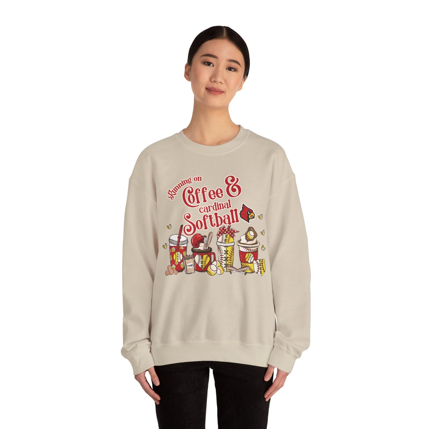 Running on Coffee and Cardinal Softball - Unisex Heavy Blend™ Crewneck Sweatshirt