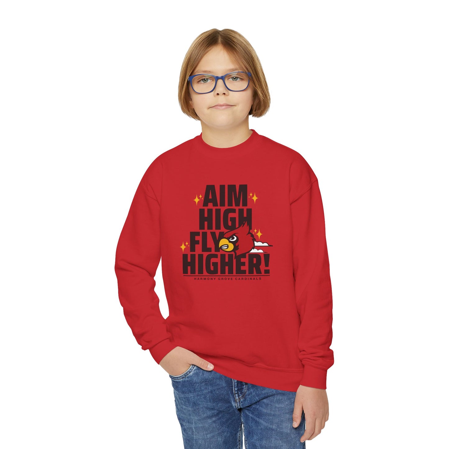 Aim High Fly Higher Cardinal - Youth Crew Sweatshirt