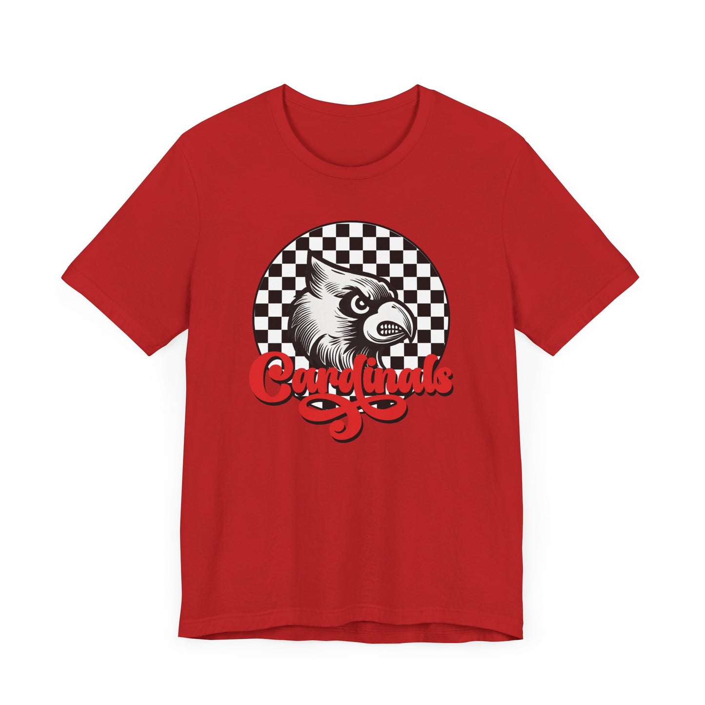 Cardinals Black and White Checkerboard Script - Bella + Canvas Short Sleeve Tee