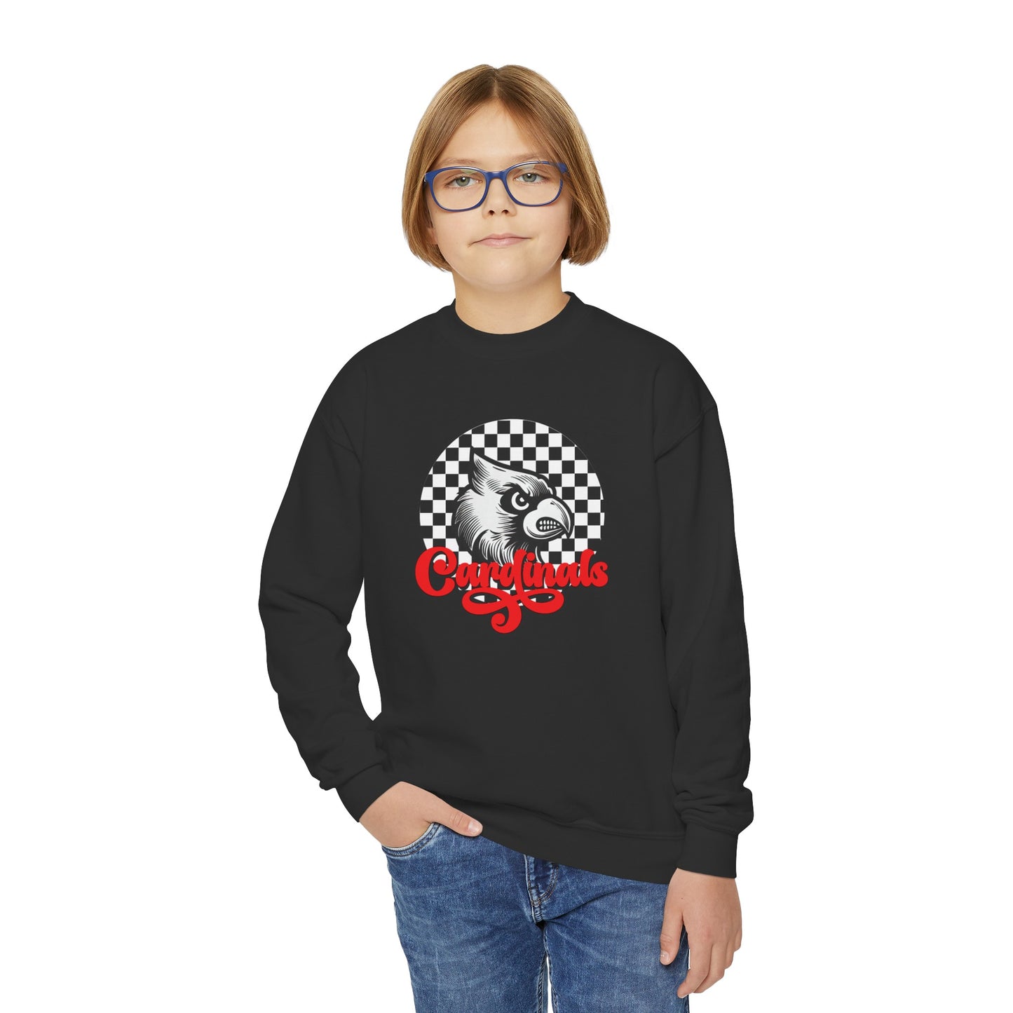 Vintage Cardinal Black and White Checkerboard Circle Script - Youth Crew Sweatshirt