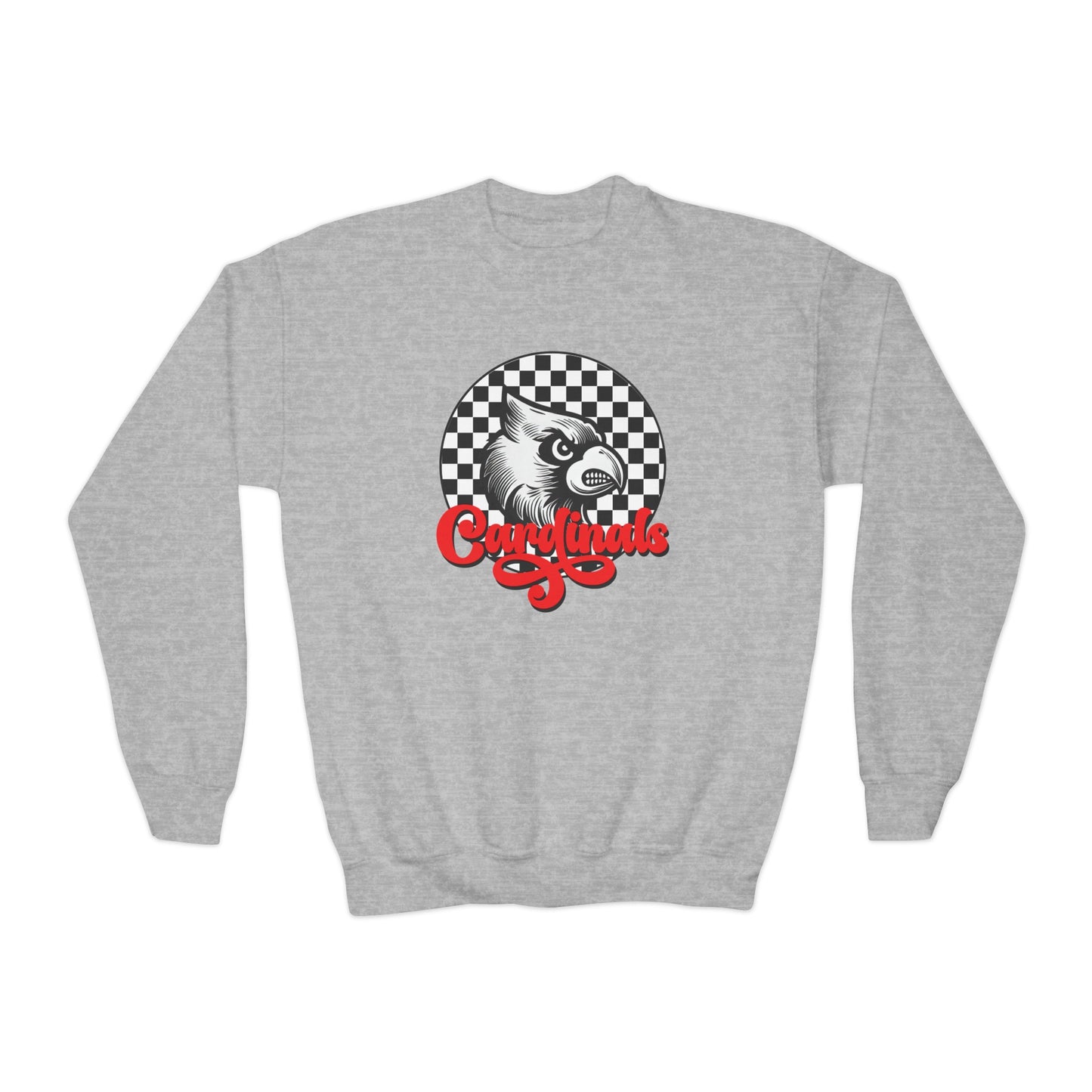 Vintage Cardinal Black and White Checkerboard Circle Script - Youth Crew Sweatshirt