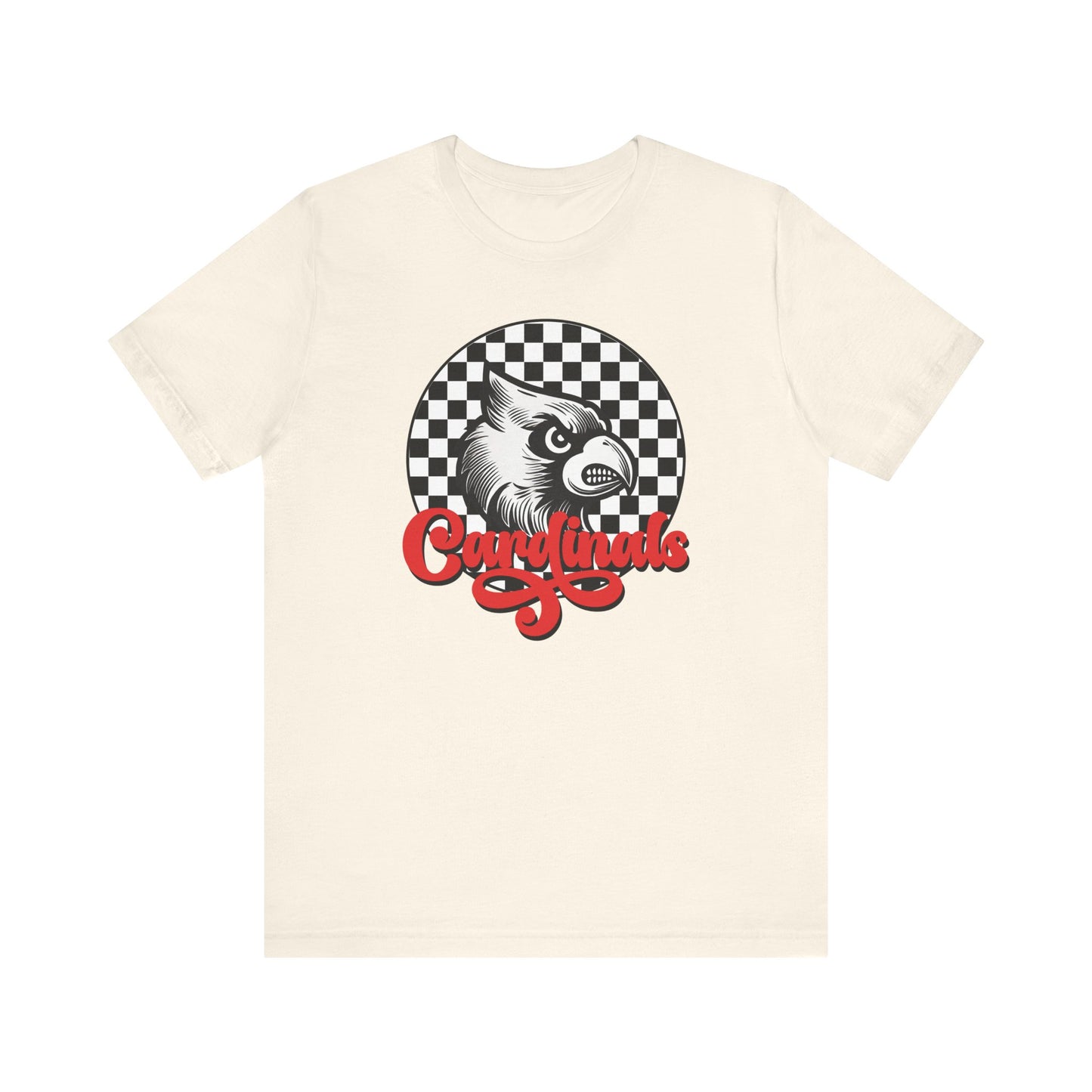 Cardinals Black and White Checkerboard Script - Bella + Canvas Short Sleeve Tee