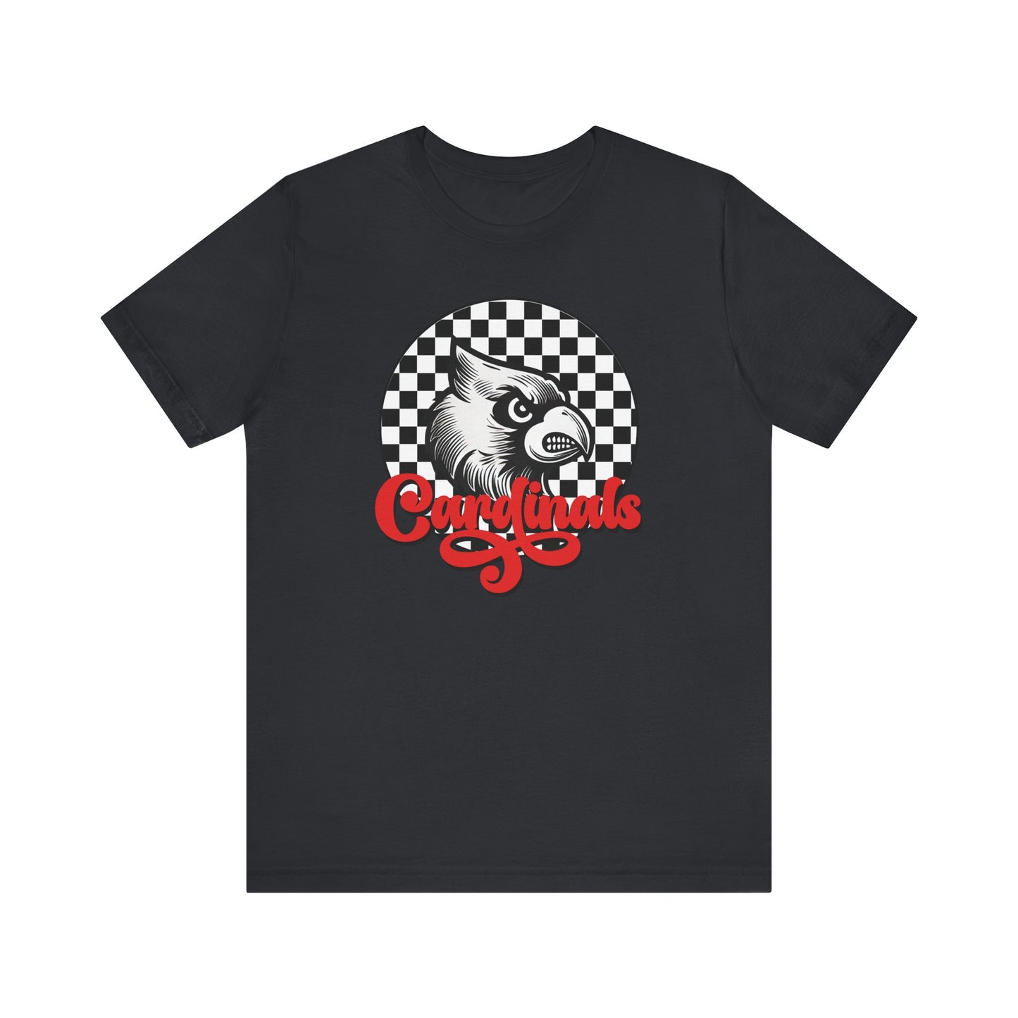 Cardinals Black and White Checkerboard Script - Bella + Canvas Short Sleeve Tee