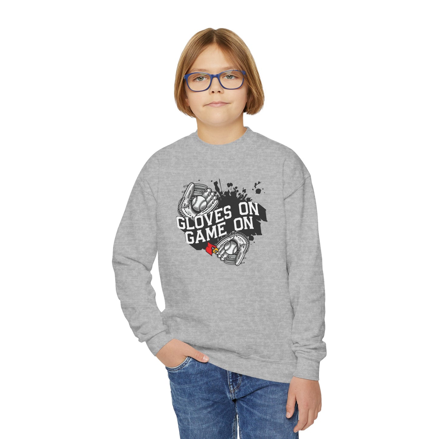 Gloves On Game On Baseball - Youth Crew Sweatshirt