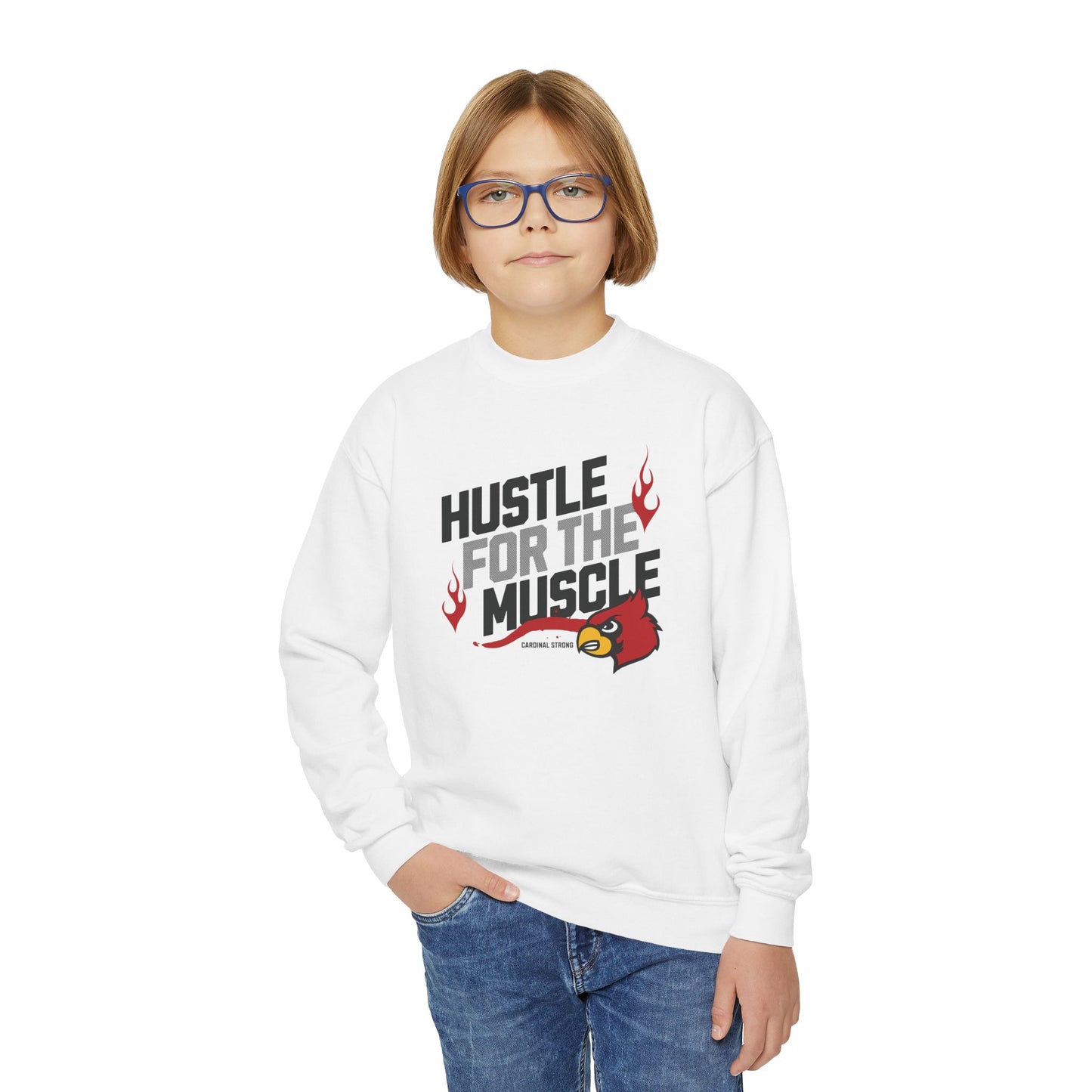Hustle for the Muscle Cardinal - Youth Crew Sweatshirt