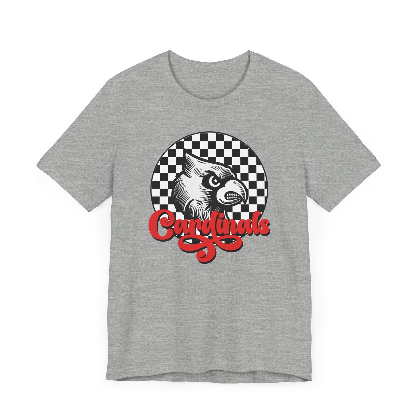 Cardinals Black and White Checkerboard Script - Bella + Canvas Short Sleeve Tee
