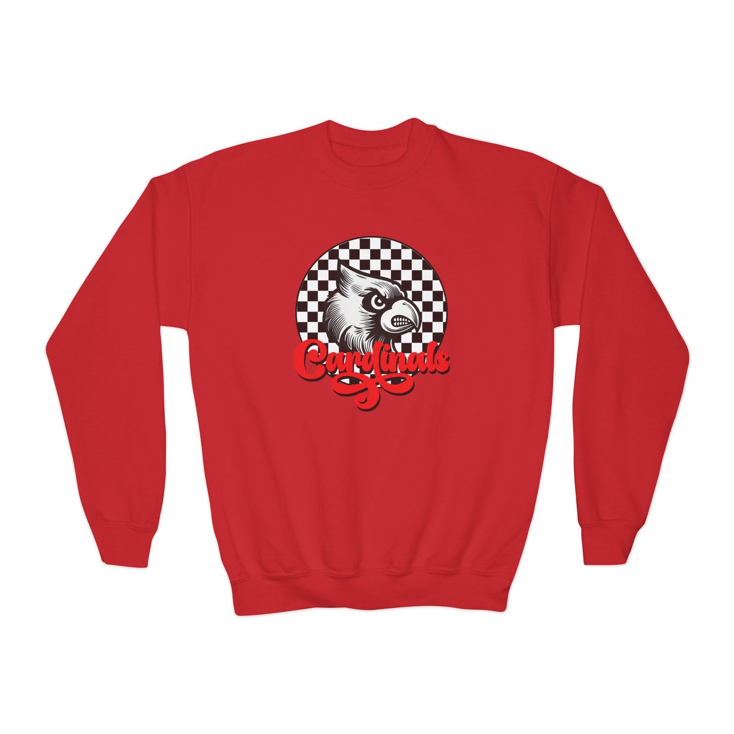 Vintage Cardinal Black and White Checkerboard Circle Script - Youth Crew Sweatshirt
