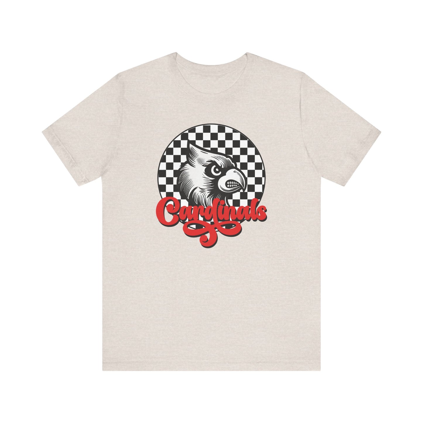 Cardinals Black and White Checkerboard Script - Bella + Canvas Short Sleeve Tee