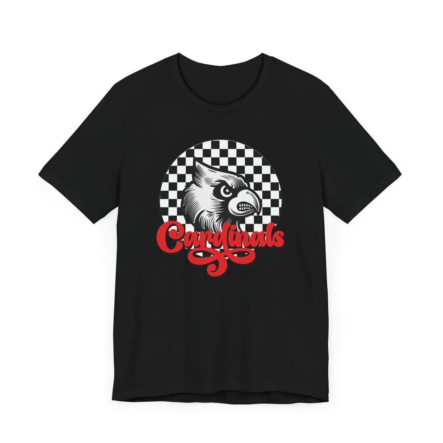 Cardinals Black and White Checkerboard Script - Bella + Canvas Short Sleeve Tee