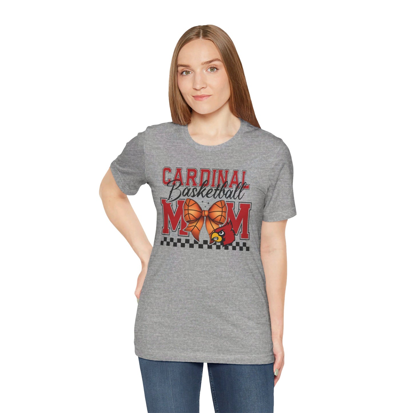 Cardinal Basketball Mom Checkerboard - Bella + Canvas Short Sleeve Tee