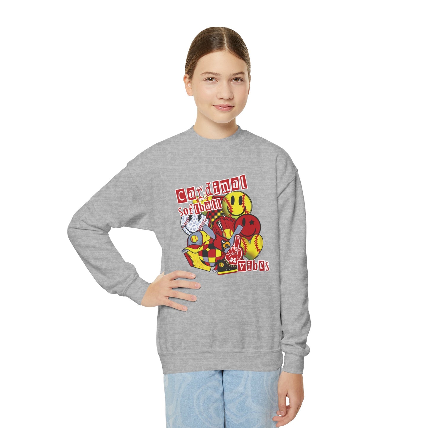 Cardinal Softball Vibes - Youth Crew Sweatshirt