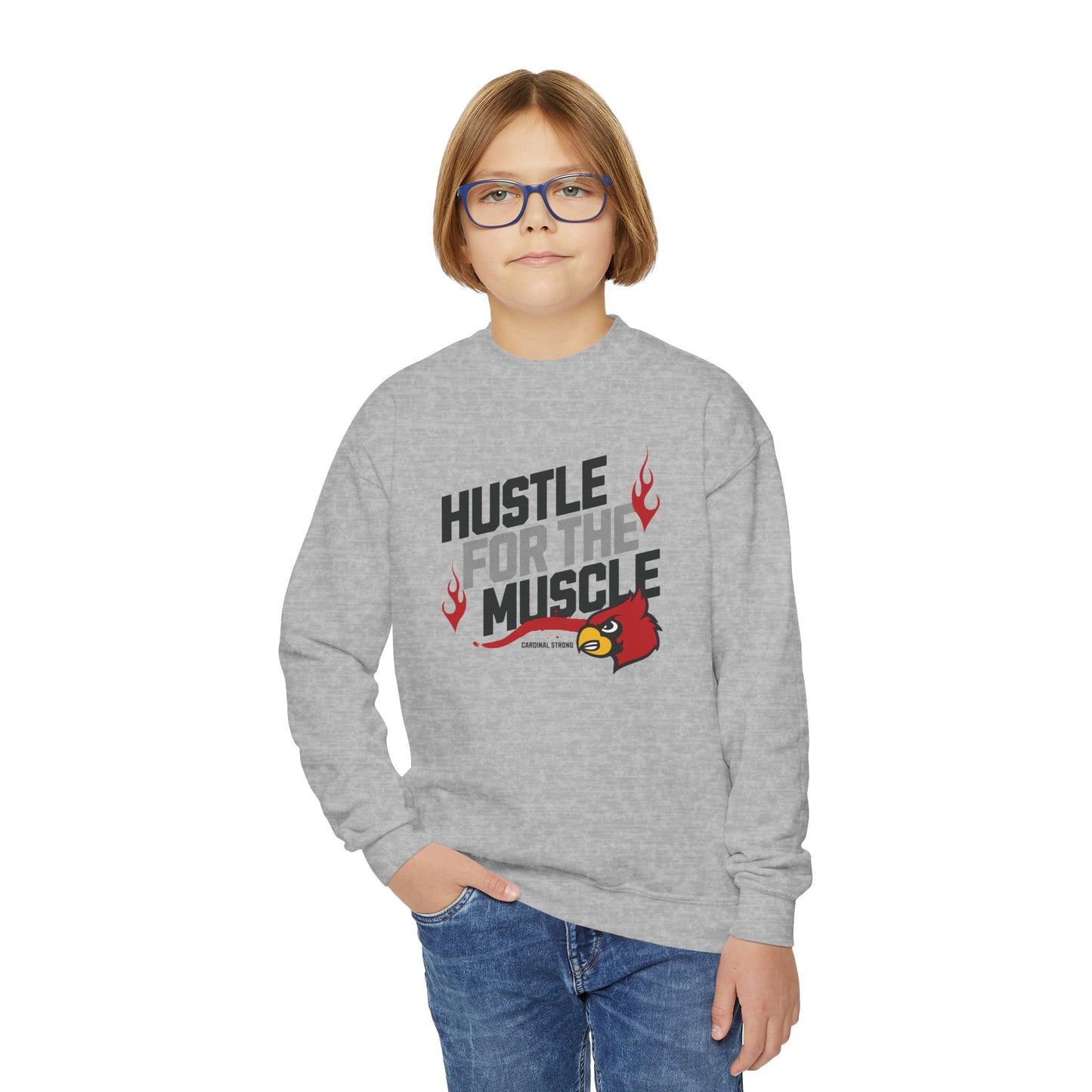 Hustle for the Muscle Cardinal - Youth Crew Sweatshirt