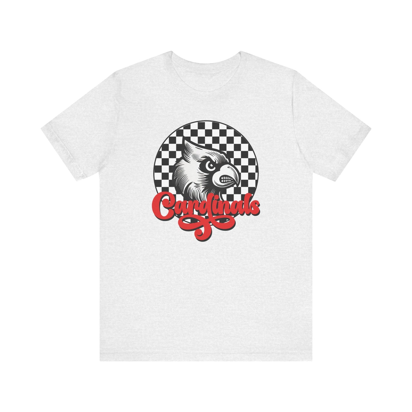 Cardinals Black and White Checkerboard Script - Bella + Canvas Short Sleeve Tee