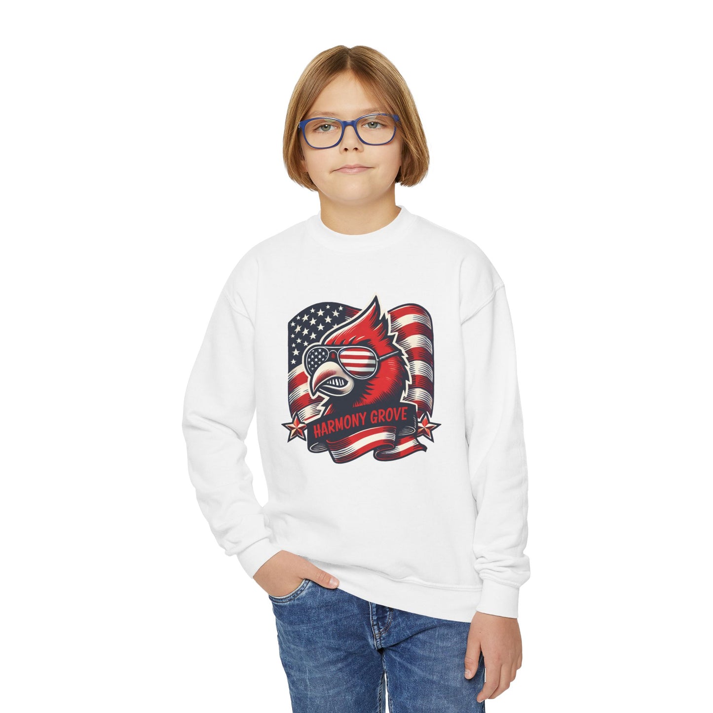 Patriotic Harmony Grove Cardinal - Youth Crew Sweatshirt
